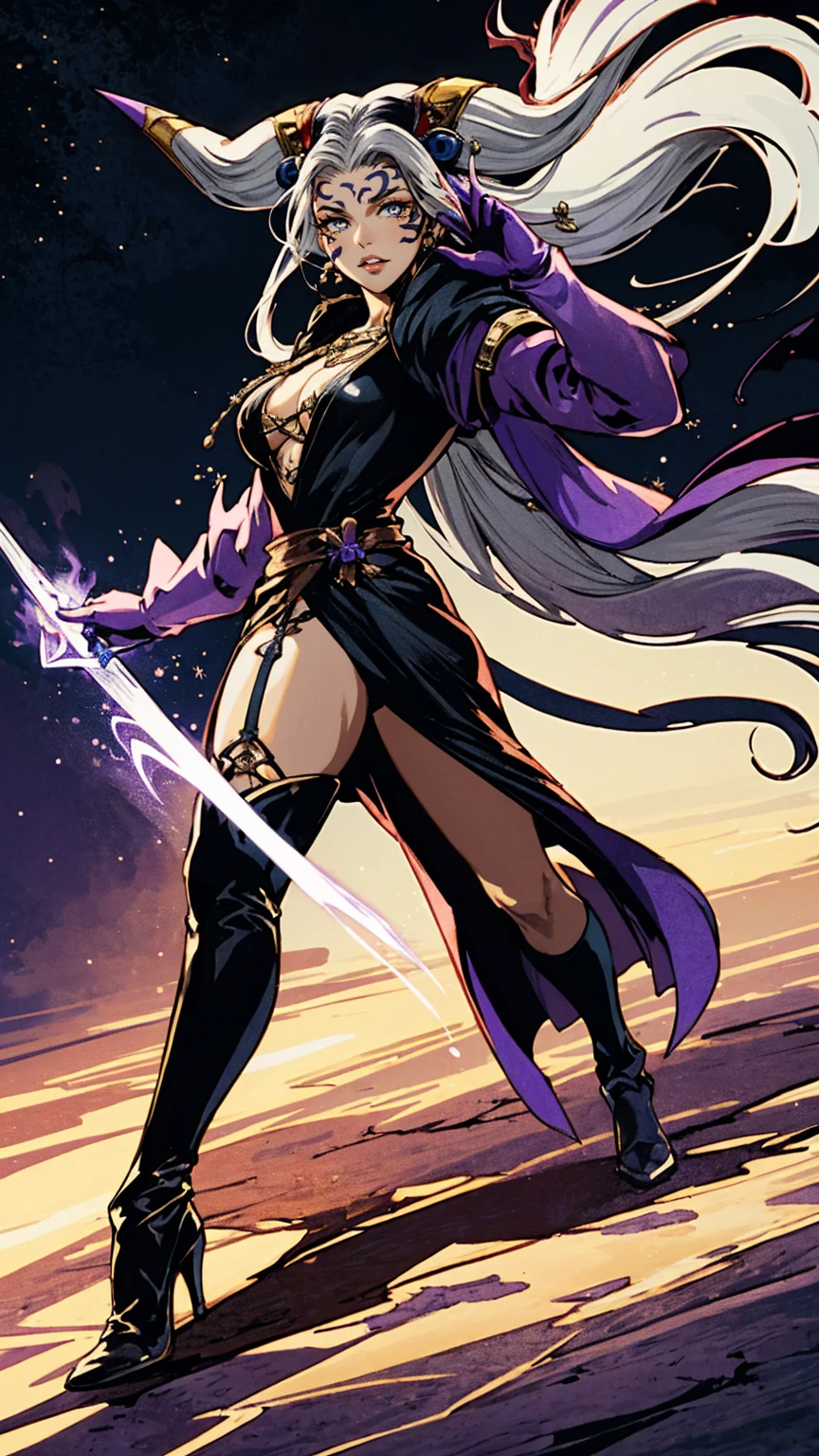 masterpiece, hyperrealistic, best quality, full body image, combat stance, (ultimecia from ffviii), horns, facial markings, white hair, time sorceress ultimecia's dress, purple magical energy around her