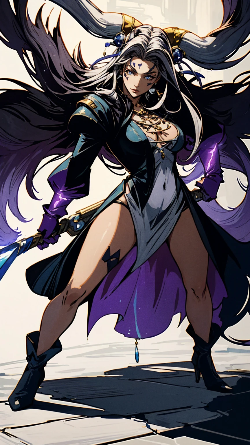 masterpiece, hyperrealistic, best quality, full body image, combat stance, (ultimecia from ffviii), horns, facial markings, white hair, time sorceress ultimecia's dress, purple magical energy around her