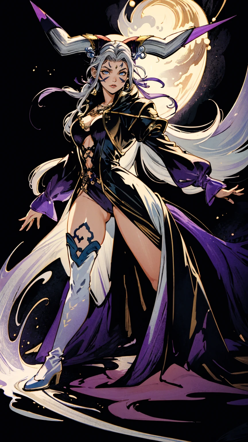 masterpiece, hyperrealistic, best quality, full body image, combat stance, (ultimecia from ffviii), horns, facial markings, white hair, time sorceress ultimecia's dress, purple magical energy around her