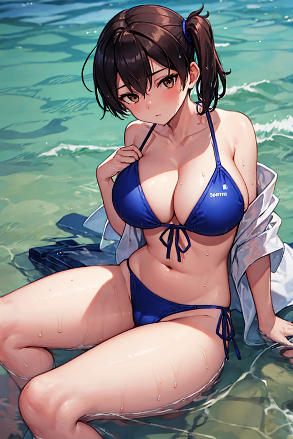 Beautiful illustration、top-quality、Kaga_kantaicollection
brown_hair, Side_Ponytail, brown_Eyes, Short_hair, gigantic_tits, long_hair、Blue Bikini、is sitting、The background is the coast,crotch,groin,apart_legs,wet,oil.(plump:0.7)