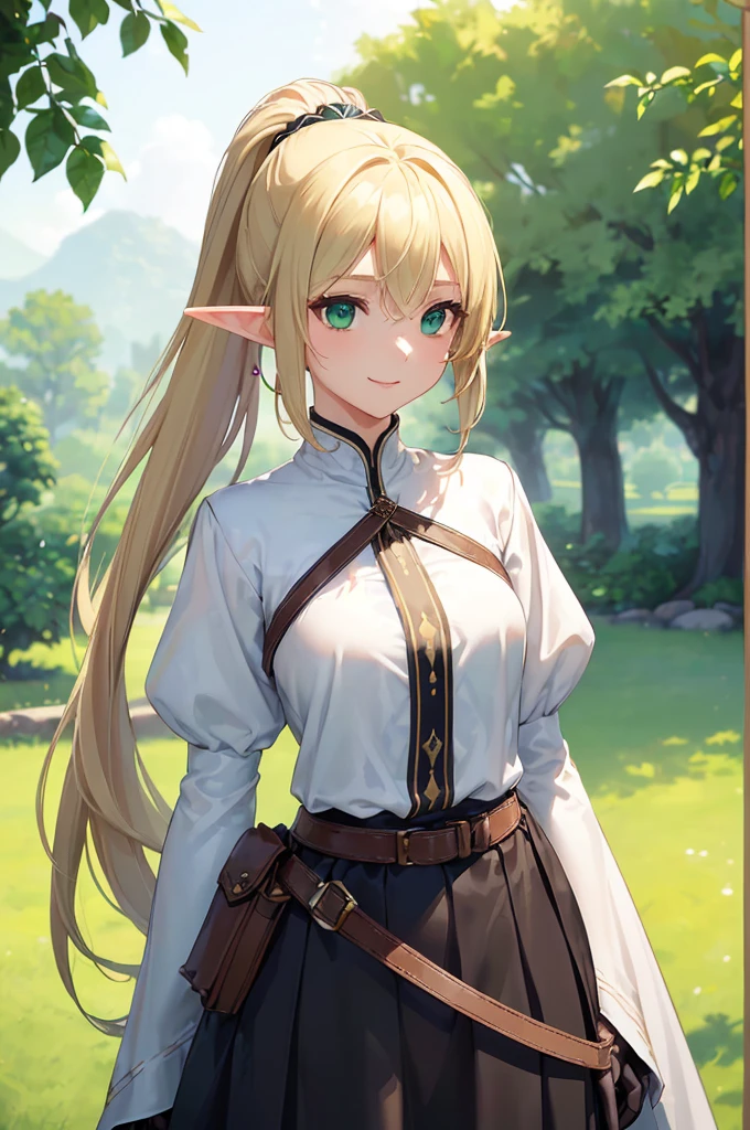 (((masterpiece; best quality: 1.2))), (finely detailed eyes: 1.3), (25 year old elf woman), (solo), (green eyes: 1.4), (body; lithe, fit, femenine: 1.3), (silky blonde hair + low ponytail: 1.3), (beautiful and clear background: 1.2), ((depth of field)), (equipment: adventurer attire + modest + long white tunic-coat + black longskirt + gloves + belt + pouches: 1.3), (anime illustration: 1.2), (background composition; royal garden: 1.1), (extremely fine and beautiful: 1.1), (shot composition; standing + centered on torso + close-up: 1.5), (expression; calm, smile: 1.2)