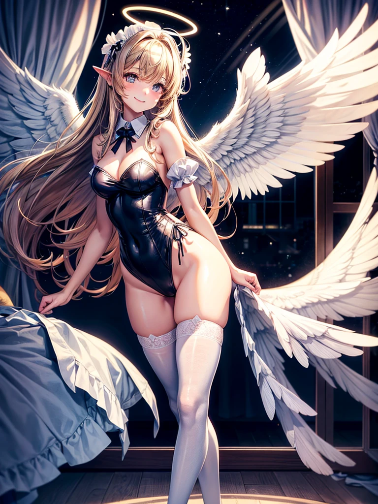 Highest quality,Highest Resolution,Smiling beautiful girl in maid leotard,Big angel wings on his back,Halo,High leg,Very beautiful eyes,front,whole body,Bedroom,Standing posture,Spread your arms out to the sides,Thigh-high stockings,Night view outside the window,