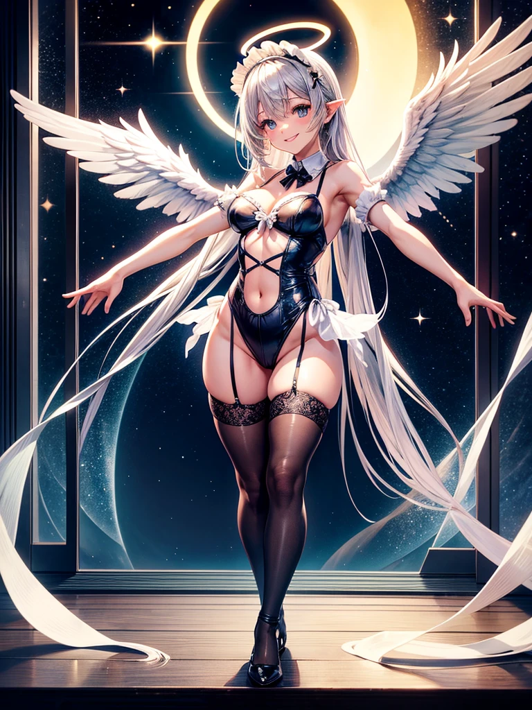 Highest quality,Highest Resolution,Smiling beautiful girl in maid leotard,Big angel wings on his back,Halo,High leg,Very beautiful eyes,front,whole body,Bedroom,Standing posture,Spread your arms out to the sides,Thigh-high stockings,Night view outside the window,
