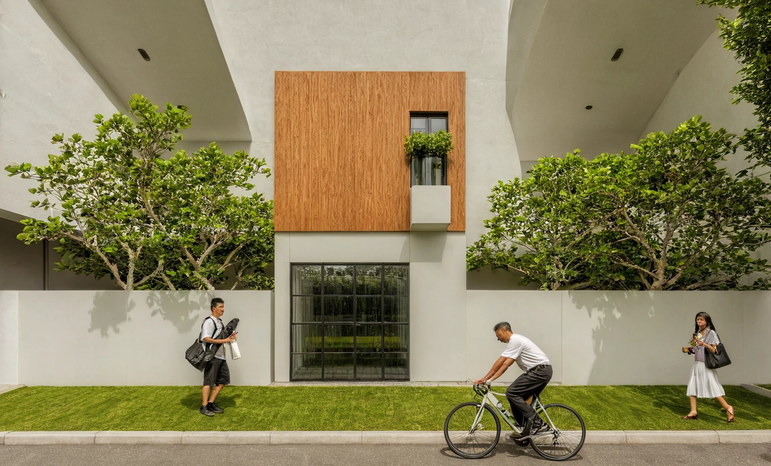 Raw photo, Masterpiece, high quality, best quality, authentic, super detail, architecture, house, outdoors,  style modern, minimalist line, wooden, white paint wall, japan style, wasabi style, Jen style, steel stair, glass railing, paint wall decor, tree, street