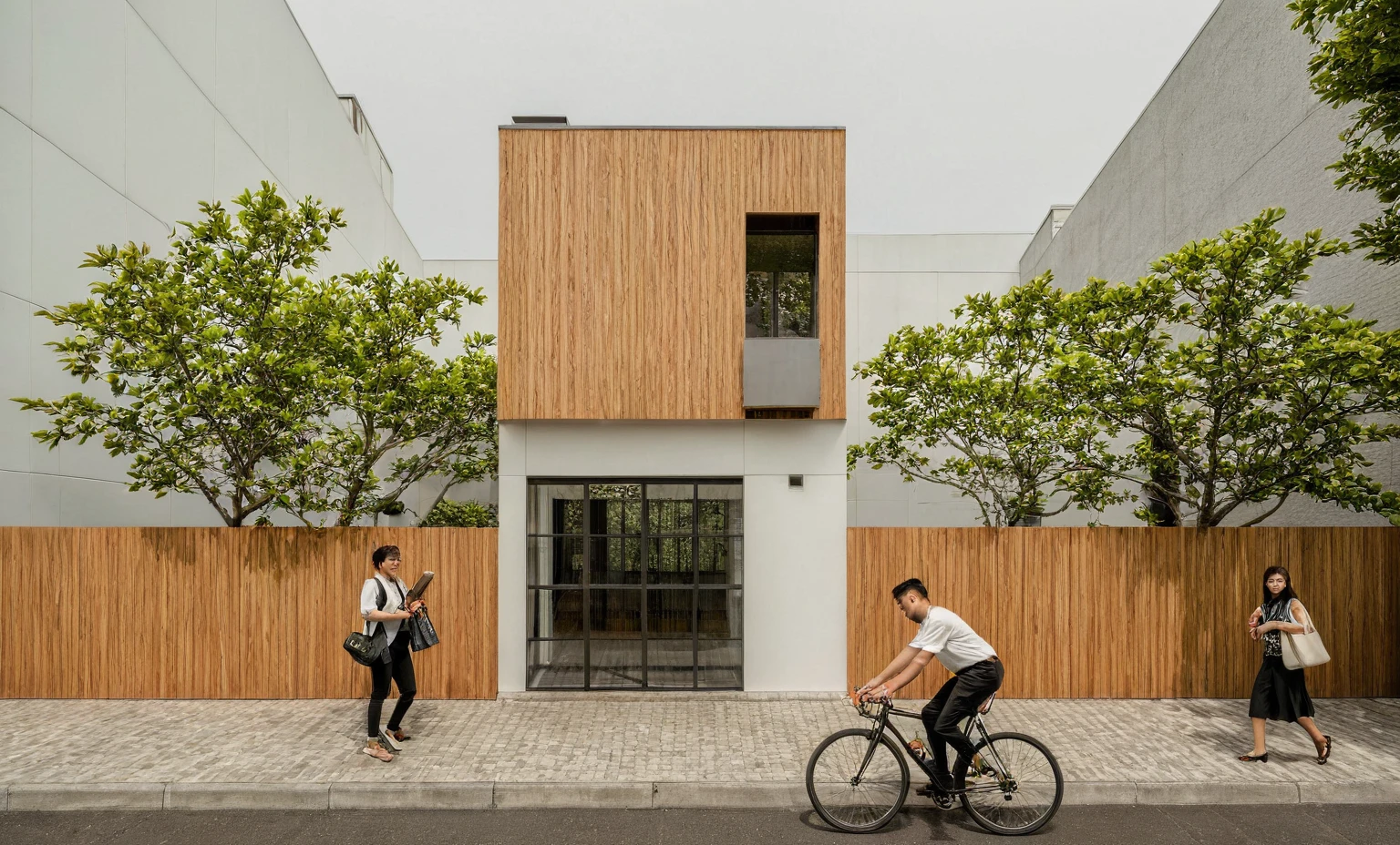 Raw photo, Masterpiece, high quality, best quality, authentic, super detail, architecture, house, outdoors, style modern, minimalist line, wooden, white paint wall, japan style, wasabi style, Jen style, steel stair, glass railing, paint wall decor, tree, street