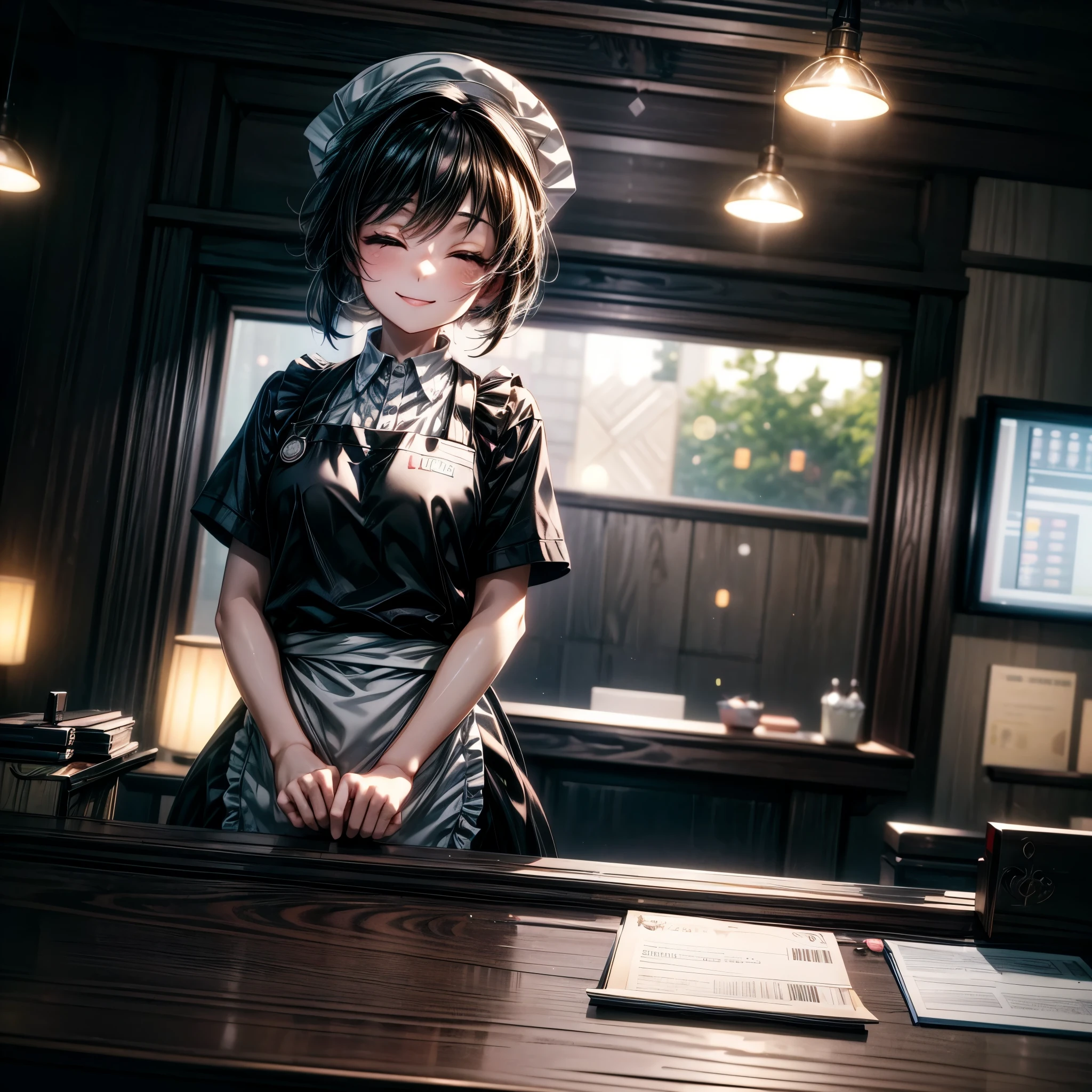 masterpiece, best quality, extremely detailed CG unity 8k wallpaper, Fast food restaurant clerk girl, close your eyes, smile, Apron appearance, Wearing a hat, Receptionist at the cash register, Octane Rendering Style, Overall particle light, Bokeh
