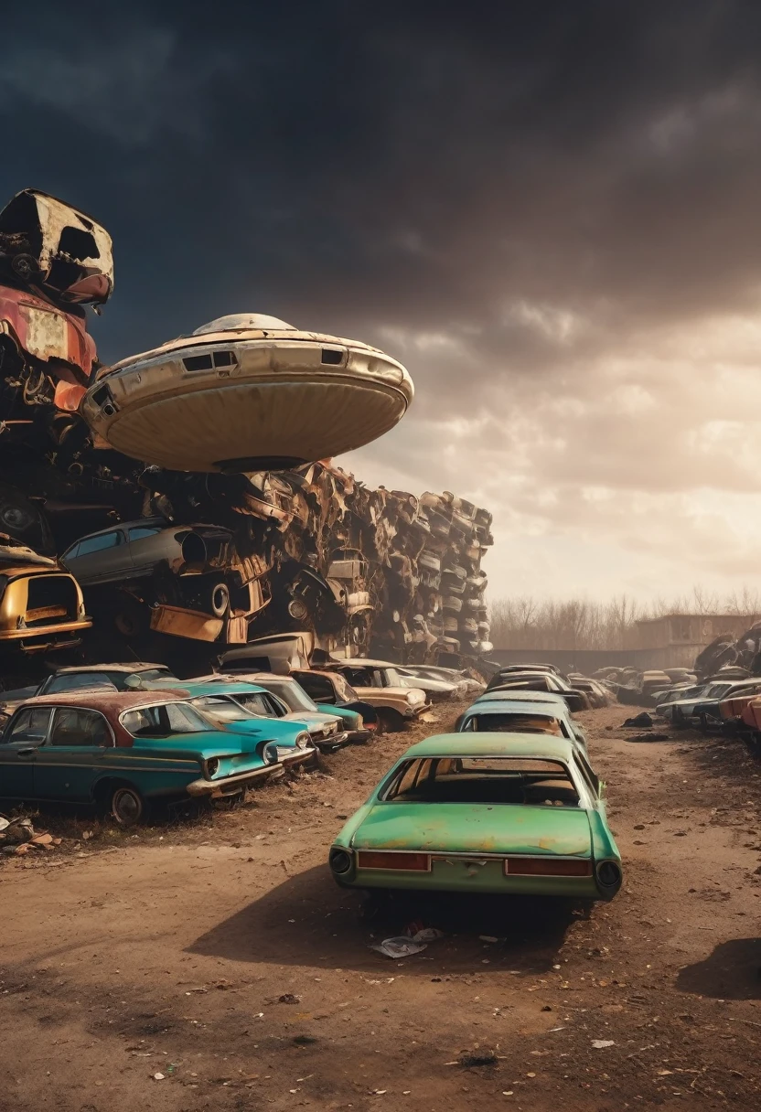 A small old UFO is neatly parked with many cars in the junkyard.,ruined city