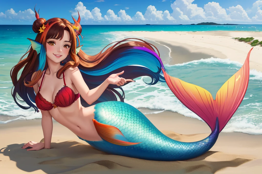 masterpiece, best quality:1.2), 1girl, smile, looking at viewer, brown hair in one bun with hair sticks, golden eyes, multicolored hair, mermaid, multicolored mermaid tail, laying on beach, fin ears, head fins, seashell bra, by orchid flowers