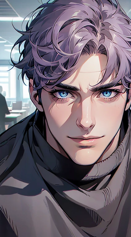 (best quality,4k,8k,highres,masterpiece:1.2),ultra-detailed,(realistic,photorealistic,photo-realistic:1.37),1 man,31 years old,mature man,very handsome,without expression,smile,short grey purple hair,blue eyes,penetrating gaze,perfect face without errors,imposing posture,businessman,office background,cinematic lighting,hdr imagep