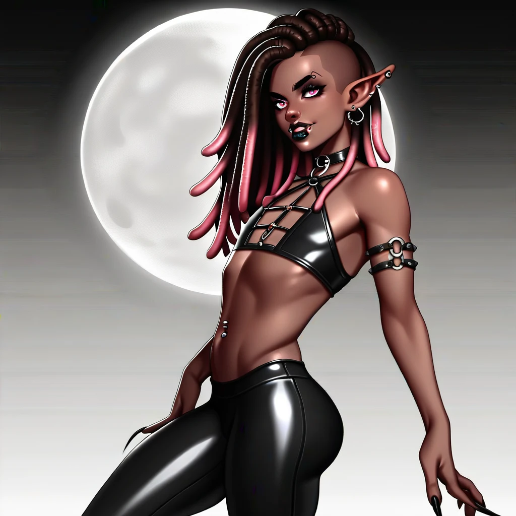 Best quality, highly detailed, ultra detailed, 1 brown skin boy, flat chest, male chest, slim curvy body, long pink dreadlocks, pink eyes, vampire, pointy ears, pierced ears, belly button piercing, septum piercing, nostril piercing, sharp nails, black lipgloss, goth, wearing black bodysuit, black tight pants, big butt, levitating, full moon background