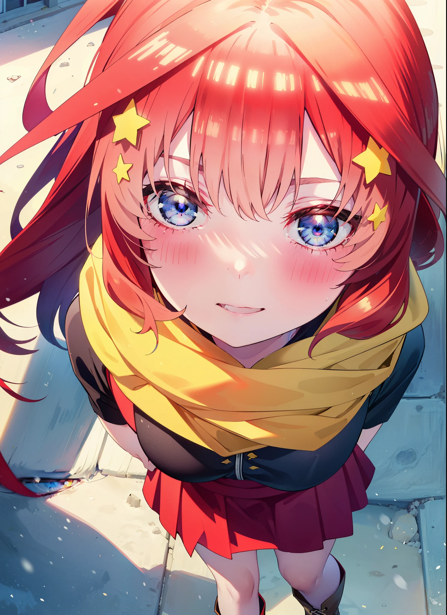 itsukinakano, itsuki nakano, bangs, blue eyes, Hair between the eyes, Ahoge, Redhead, star \(symbol\), hair ornaments, star hair ornaments,smile,Yellow scarf,red coat,White Tokkuri Sweater,Black long skirt,Black pantyhose,short boots,blush,White Breath,Close your mouth,It's snowing,It's snowing,Shirogane World,Walking,whole bodyがイラストに入るように,
break outdoors, Snow Country,Residential Street,
break looking at viewer, whole body,
break (masterpiece:1.2), Highest quality, High resolution, unity 8k wallpaper, (figure:0.8), (Beautiful attention to detail:1.6), Highly detailed face, Perfect lighting, Highly detailed CG, (Perfect hands, Perfect Anatomy),