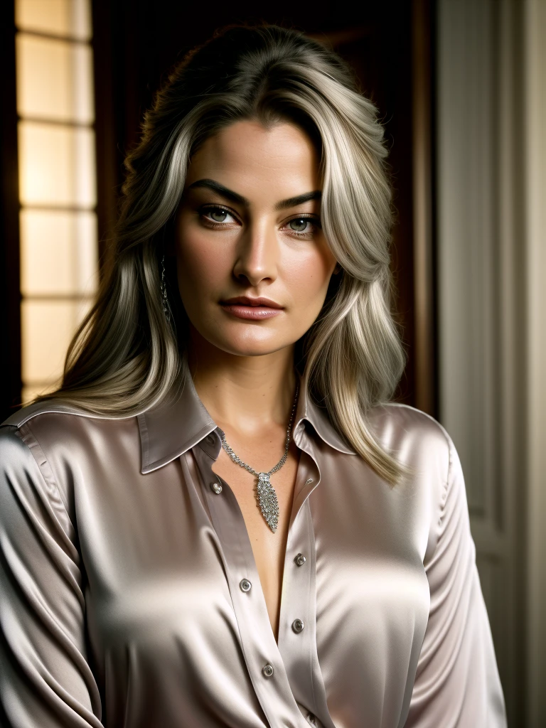 beautiful woman (MadchenAmick), perfect hair, bejewelled jewellery, ((portrait)), (closeup:1.2), ((Head Shot)), ((( shop :1.2 ))), natural skin texture, ((silver satin shirt :1.2)), 24mm, 4k textures, soft cinematic light, adobe lightroom, photolab, hdr, intricate, elegant, highly detailed, sharp focus, ((((cinematic look)))), soothing tones, insane details, intricate details, hyperdetailed, low contrast, soft cinematic light, exposure blend, hdr, faded, now, ("I've got a bad feeling about this.":1.1)