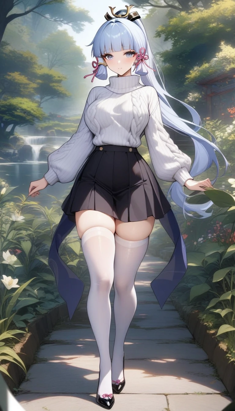masterpiece, best quality, very aesthetic, absurdres, 1girl, mature_lady, masterpiece, best quality, very aesthetic, absurdres, 1girl, standing, full body, thighhighs,one thighhigh is white, another thighhigh is black, white stocking, black stocking white_sweater, virgin-killing_sweater,,Kamisato Ayaka,Kamisato Ayaka(genshin impact), light blue hair, blunt bangs, a small gold ornament, grey eyes, ponytail ,,in a botanical garden,floating_clothes
