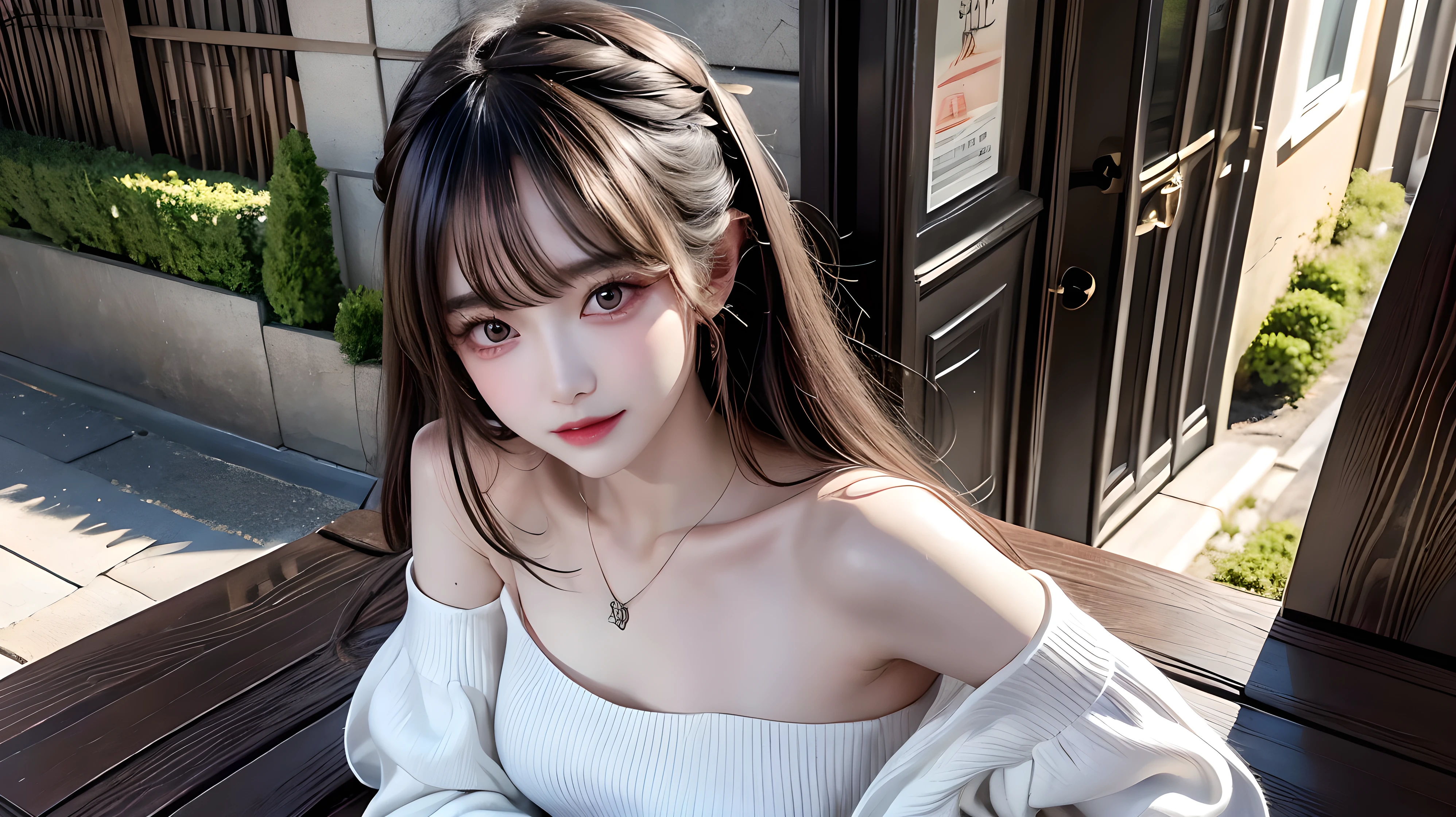 (surrealistic), (illustratio), (hight resolution), (8k picture), (ighly detailed), (The best illustrations), (beatiful detailed eyes), (top-quality), (Ultra-detail), (​masterpiece), (wall-paper), (Detailed face), solo, 1girl in, Gray wavy hair、Off-the-shoulder clothing、huge smile、Blushing cheeks、bangss、Colossal tits、Constriction of the lower back、skinny thigh、small ass、Beautiful bangs、Look at your audience、a necklace、耳Nipple Ring、Watching from above、main street、Sit up、((hands hidden in sleeves)), from below
