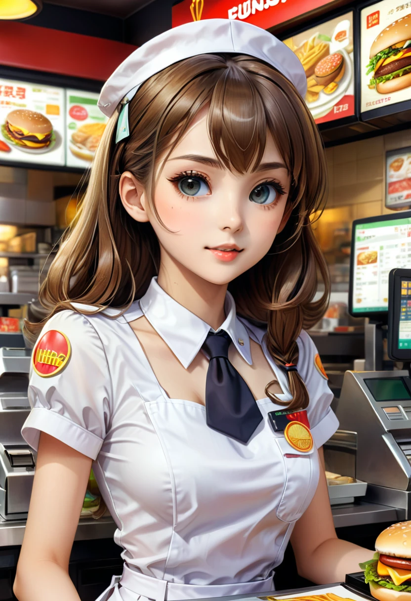 ( Correct and perfect anatomy ) Cute charming anime girl wearing white fast food uniform(Fast food clerk) There is a cash register in front of work in a fast food restaurant with a hand holding an order form. There are rich healthy side dishes around the cash register. The background of fast food meals is a rich meal preparation scene. Exquisite illustrations are super detailed.,Ultra-precise depiction, Ultra-detailed depiction of masterpieces Highly detailed concept art Highly detailed digital art