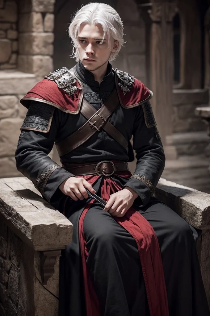 game of thrones ambience, young man with white hair wearing black and red medieval clothes