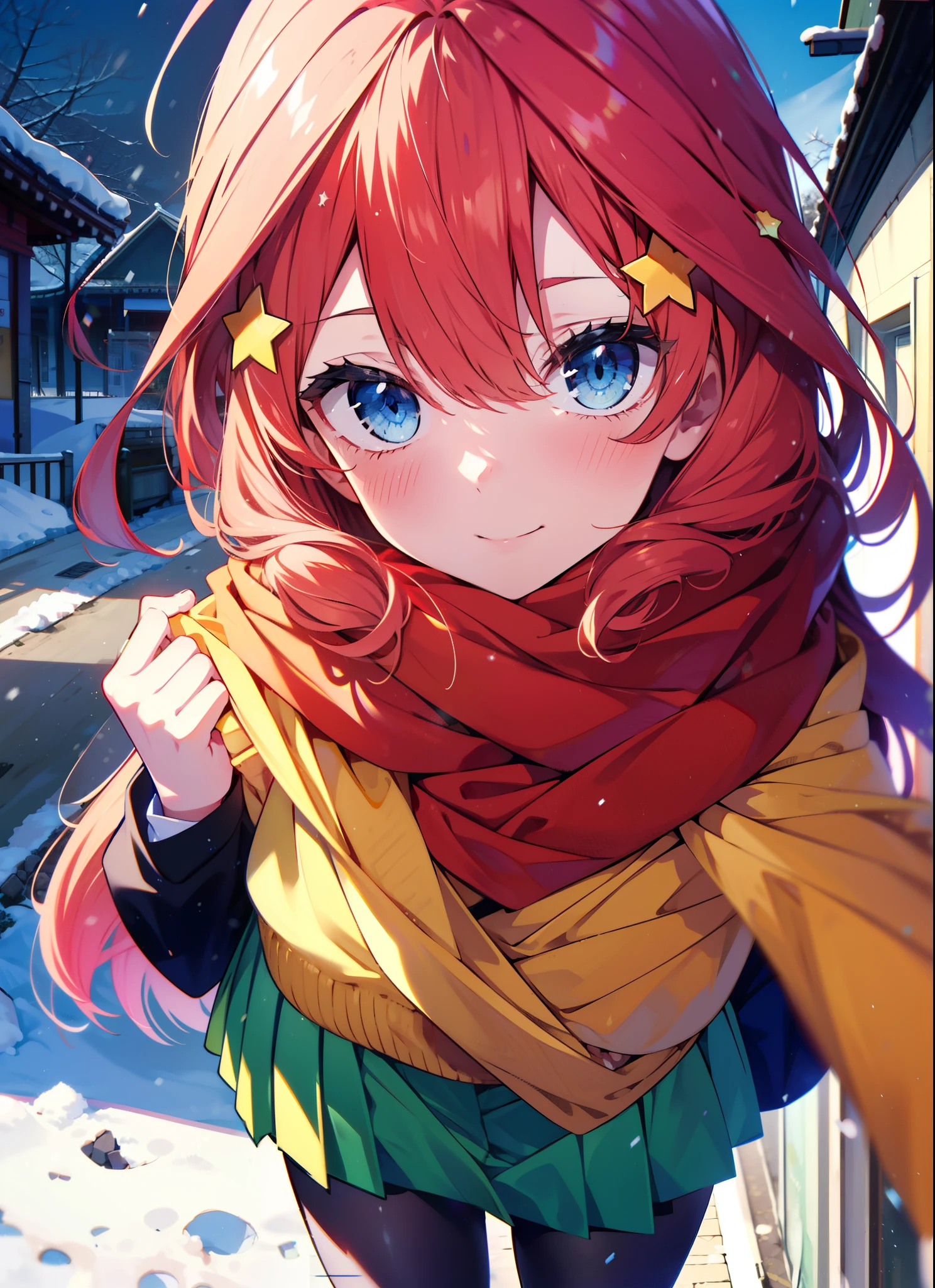 itsukinakano, itsuki nakano, bangs, blue eyes, Hair between the eyes, Ahoge, Redhead, star \(symbol\), hair ornaments, star hair ornaments,smile,Yellow scarf,red coat,White Tokkuri Sweater,Black long skirt,Black pantyhose,short boots,blush,White Breath,Close your mouth,It&#39;s snowing,It&#39;s snowing,Shirogane World,Walking,whole bodyがイラストに入るように,
break outdoors, Snow Country,Residential Street,
break looking at viewer, whole body,(Cowboy Shot:1. 5),
break (masterpiece:1.2), Highest quality, High resolution, unity 8k wallpaper, (figure:0.8), (Beautiful attention to detail:1.6), Highly detailed face, Perfect lighting, Highly detailed CG, (Perfect hands, Perfect Anatomy),