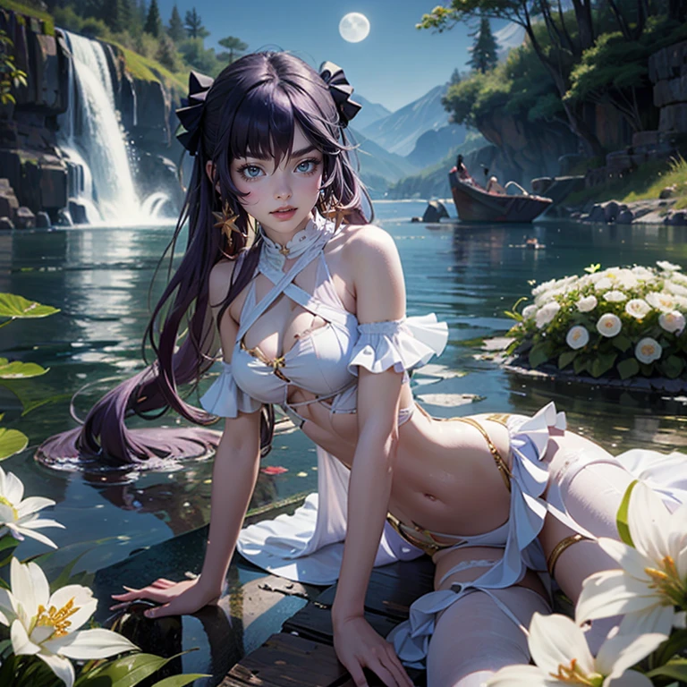 1 girl, lake scene, navy swim suit, seat on the water, white dress, gold details on her clothes, waterfall, white flowers on focus, full moon, purple hair, swim suit with frills, night, flowing hair, crystals, sparkles, firefly