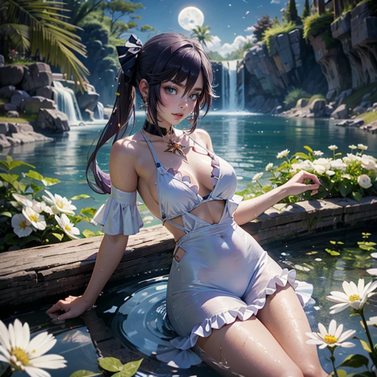 1 girl, lake scene, navy swim suit, seat on the water, white dress, gold details on her clothes, waterfall, white flowers on focus, full moon, purple hair, swim suit with frills, night, flowing hair, crystals, sparkles, firefly