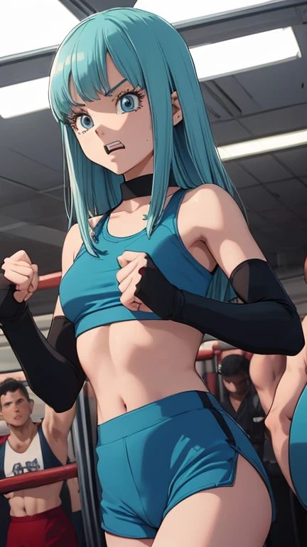 Cute slim high school girl, boxing gym, get punched in the stomach, expression of pain, clenching teeth to hold on, only some muscle tendons visible, light blue eyes, short light blue hair, small breasts, Sleeveless, boxing shorts and gloves