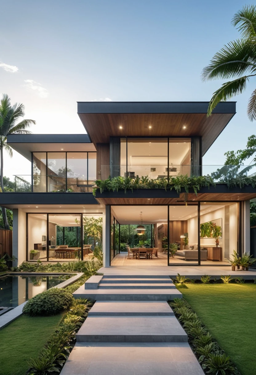 A hyper-realistic image of a modern house with a minimalist design, featuring a combination of wood and glass materials. The house has a flat roof, large glass windows, and a balcony with a glass railing. The entrance is flanked by lush greenery and palm trees. There is a wooden gate in front and the garden includes various tropical plants. The overall ambiance is serene and contemporary, with detailed textures and realistic lighting, shadows, and reflections. The colors are warm and inviting, showcasing the natural beauty of the materials and the surrounding environment. The lighting is warm and gives a sunset feel.
