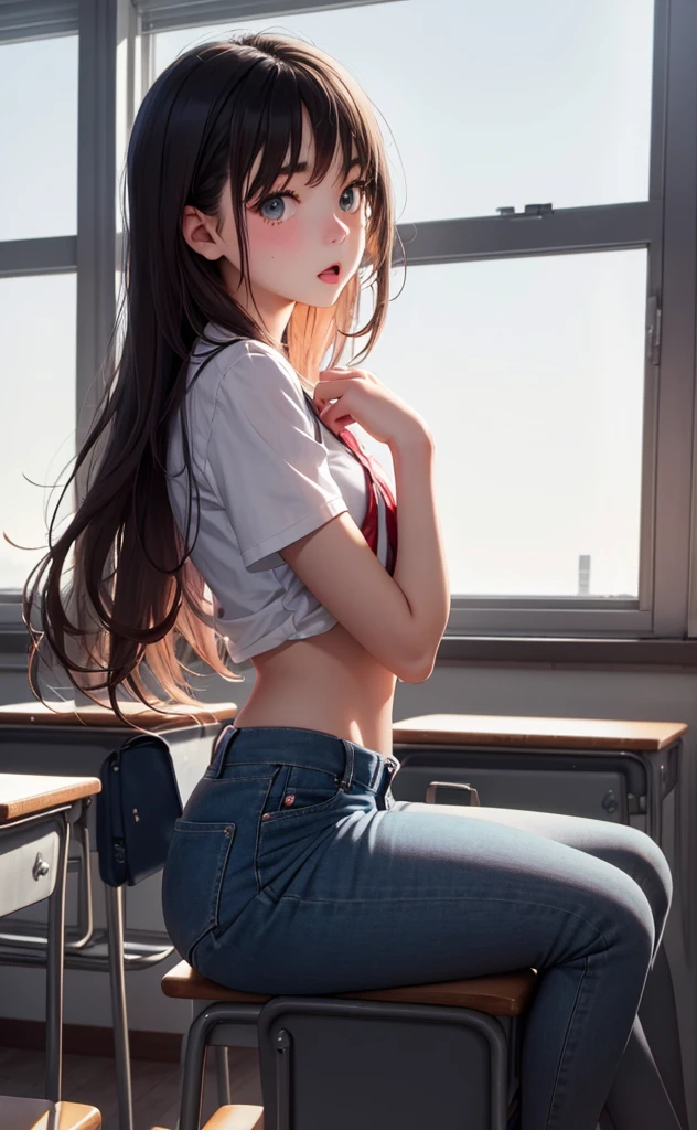 (((skinny age girl))), classroom, (surprised:0.3), (scared:0.3), beautiful wild hair, looking to the side