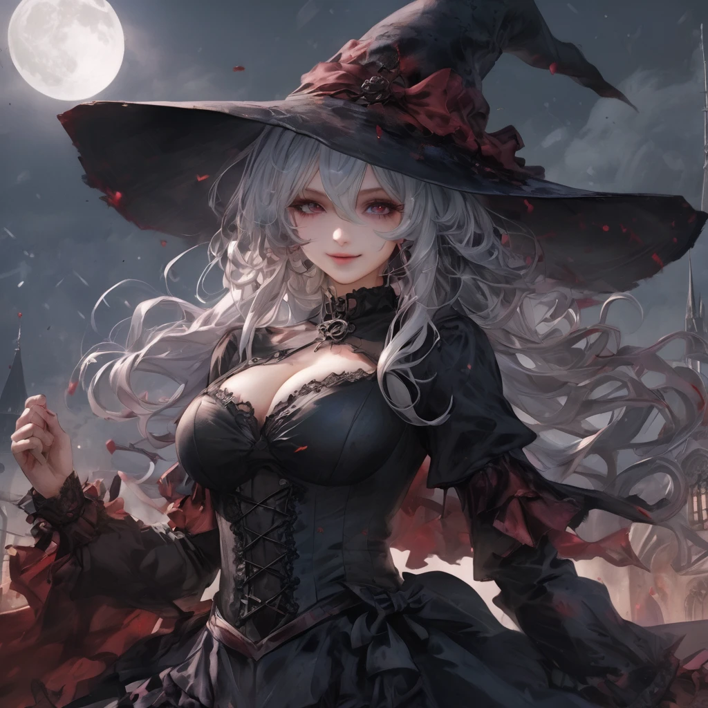 ((Fantasy Witch Costume)), ((Flowing white hair)), ,(Blood splatter:1.6),Female curves, Large Breasts, Thick thighs, Sexy flat stomach, Perfect hands, Perfect anime face, ((dark lolita dress)), Are standing, ((Wicked Smile)), ,(Blood splatter:1.6),Victorian cities, gaslight, Steam circulates, Moonlight Illumination, night lighting, A sky filled with stars and galaxies,disaster々new devil horns,,(Blood splatter:1.6),anime zombie witch design, Twisted smile、Bloodstained、bleeding from the head,、Blood splatter、,(Blood splatter:1.6),Crossbones, skull,