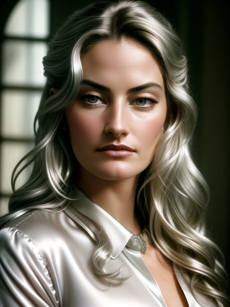 beautiful woman (MadchenAmick), perfect hair, bejewelled jewellery, ((portrait)), (closeup:1.2), ((Head Shot)), ((( shop :1.2 ))), natural skin texture, ((silver satin shirt :1.2)), 24mm, 4k textures, soft cinematic light, adobe lightroom, photolab, hdr, intricate, elegant, highly detailed, sharp focus, ((((cinematic look)))), soothing tones, insane details, intricate details, hyperdetailed, low contrast, soft cinematic light, exposure blend, hdr, faded, now, ("I've got a bad feeling about this.":1.1)