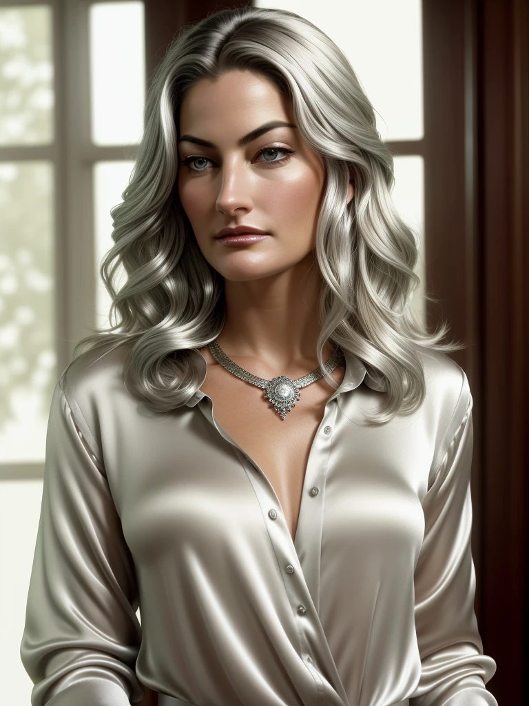 beautiful woman (MadchenAmick), perfect hair, bejewelled jewellery, ((portrait)), (closeup:1.2), ((Head Shot)), (((  shop :1.2 ))), natural skin texture, ((silver satin shirt :1.2)), 24mm, 4k textures, soft cinematic light, adobe lightroom, photolab, hdr, intricate, elegant, highly detailed, sharp focus, ((((cinematic look)))), soothing tones, insane details, intricate details, hyperdetailed, low contrast, soft cinematic light, exposure blend, hdr, faded, now, ("I've got a bad feeling about this.":1.1)