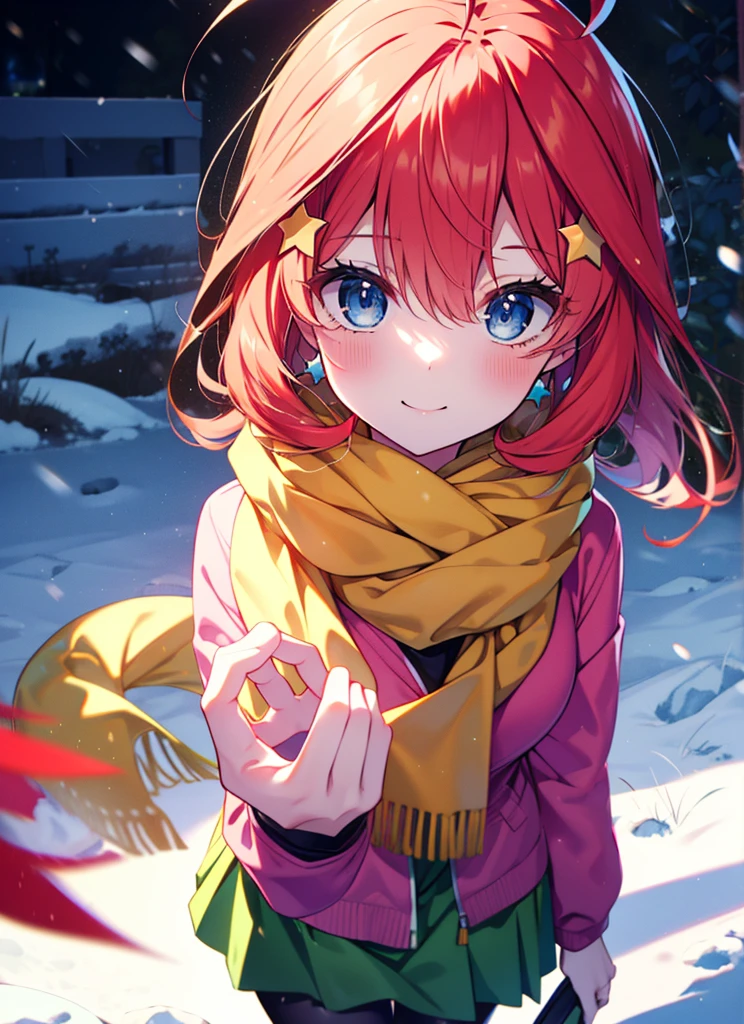 itsukinakano, itsuki nakano, bangs, blue eyes, Hair between the eyes, Ahoge, Redhead, star \(symbol\), hair ornaments, star hair ornaments,smile,Yellow scarf,red coat,White Tokkuri Sweater,Black long skirt,Black pantyhose,short boots,blush,White Breath,Close your mouth,It's snowing,It's snowing,Shirogane World,Walking,whole bodyがイラストに入るように,
break outdoors, Snow Country,Residential Street,
break looking at viewer, whole body,(Cowboy Shot:1. 5),
break (masterpiece:1.2), Highest quality, High resolution, unity 8k wallpaper, (figure:0.8), (Beautiful attention to detail:1.6), Highly detailed face, Perfect lighting, Highly detailed CG, (Perfect hands, Perfect Anatomy),