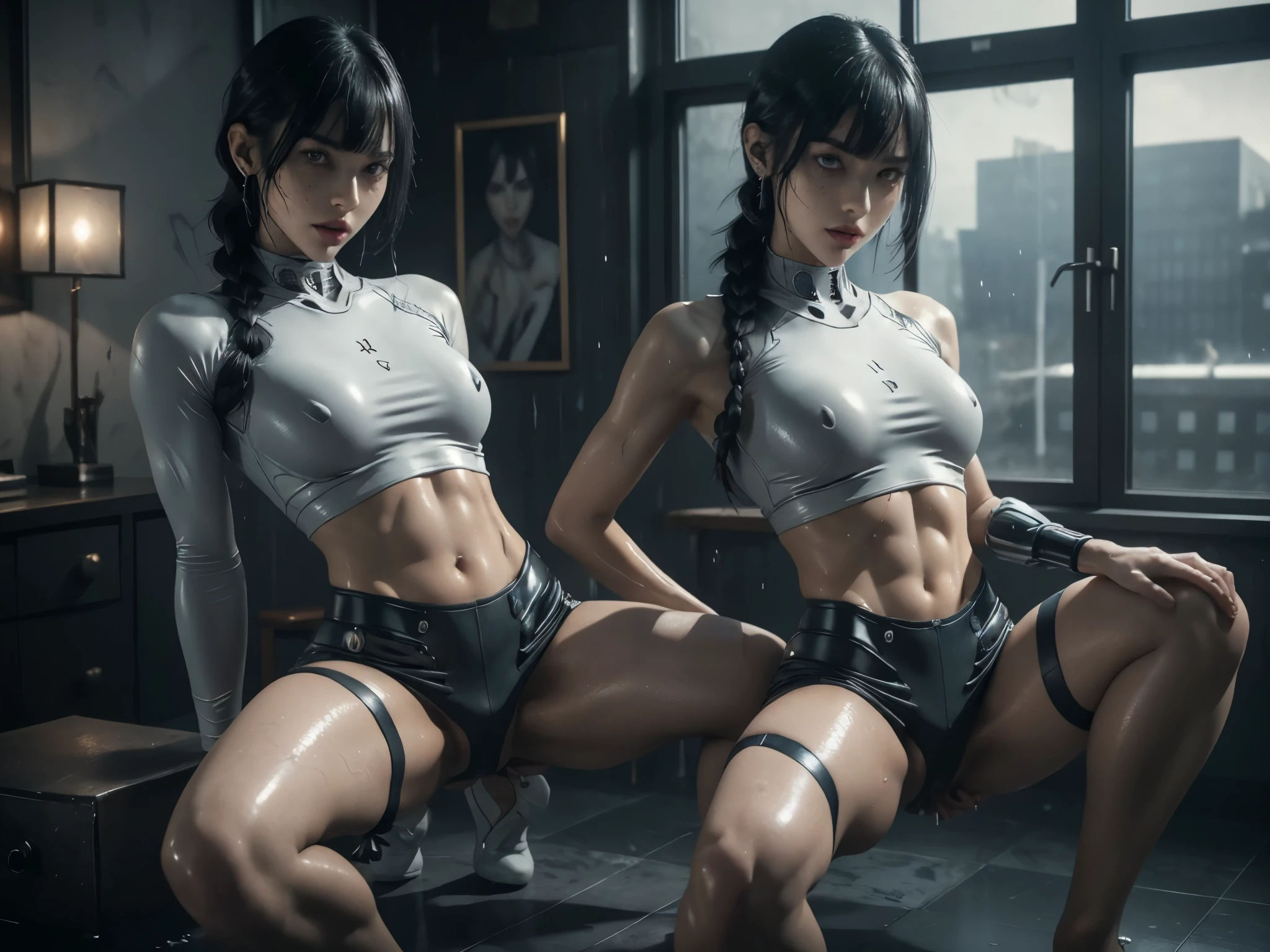 short hair with bangs, ((short skirt)) (((Slutty skintight cybernetic Full AI skin and anatomy))), ((slutty braided hair)), ((She is in your bedroom, slutty )), Perfect back view of her tight butt, full body picture, she is a seductive slut, Perfect proportions, she has a perfect Ass... she wants to put your tiny shrunken body deep inside of her pussy, short hair with bangs and ponytails, beautiful horror, domination, death by pussy insertion, skinny sexy and slutty woman, she needs to have your tiny shrunken body deep inside of her pussy.... she wants you to choke inside of her pussy, she is the embodiment of sexual domination and lust, she is perfect, you are her prey, you are about to die inside of her pussy, small tight ass, giantess domination, human sex toy, helpless, she is a giantess and she wants to use your tiny shrunken body as a human dildo..., perfect anatomy, perfect arms and hands, better detail on her eyes... make her eyes look scary and beautiful, perfect sexy and slutty athletic body, perky nipples, wet, white cum, perfect tight butt, black hair, perfect legs and thighs, tight wet pussy, white dripping cum, ((Perfect eyes and face)), ((closed wet full lips)), ((perfect hands and fingers)), ((( a lot of white cum is dripping out of her pussy))), ((she has a very skinny and toned strong body)), ((makeup)), ((freckles)), ((perfect eyebrows)), ((sharper edges)), ((perfect scary grey eyes)), perfect face, slut, sadistic, predatory, better detail on her skin, perfect face and strong jawline, perfect full wet lips, sadistic atmosphere, wet sweaty skin, beautiful intimidating grey eyes, ((beautiful horror)), better lighting, more toned muscles, perfect detail on her intimidating eyes, very tight underwear, ((tight pussy)), (((tighter clothing))), slutty, intense, perfect detail, ((piercings)), better detail on her bellybutton, skinny, skinny and strong, more skin showing, intense, slutty, freckles, long skinny perfect legs, scary and intense, super slutty