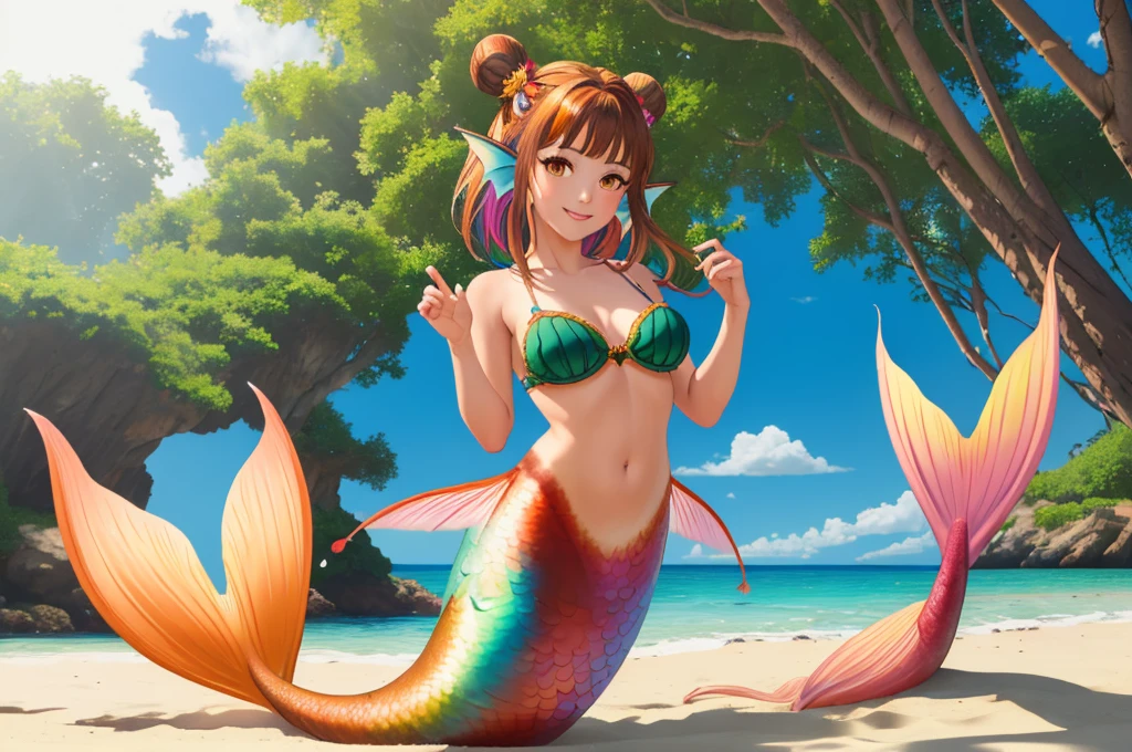 masterpiece, best quality:1.2), 1girl, smile, looking at viewer, brown hair in one bun with hair sticks, golden eyes, multicolored hair, mermaid, multicolored mermaid tail, laying on beach, fin ears, head fins, seashell bra, by orchid flowers