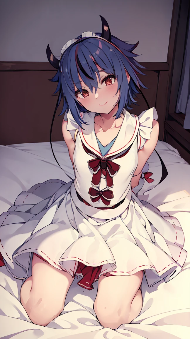 masterpiece, Highest quality, High resolution, Very detailed,(((Mikoto Naruka))), (((Maid clothes)))), (((smile)))), Lying in bed。, indoor