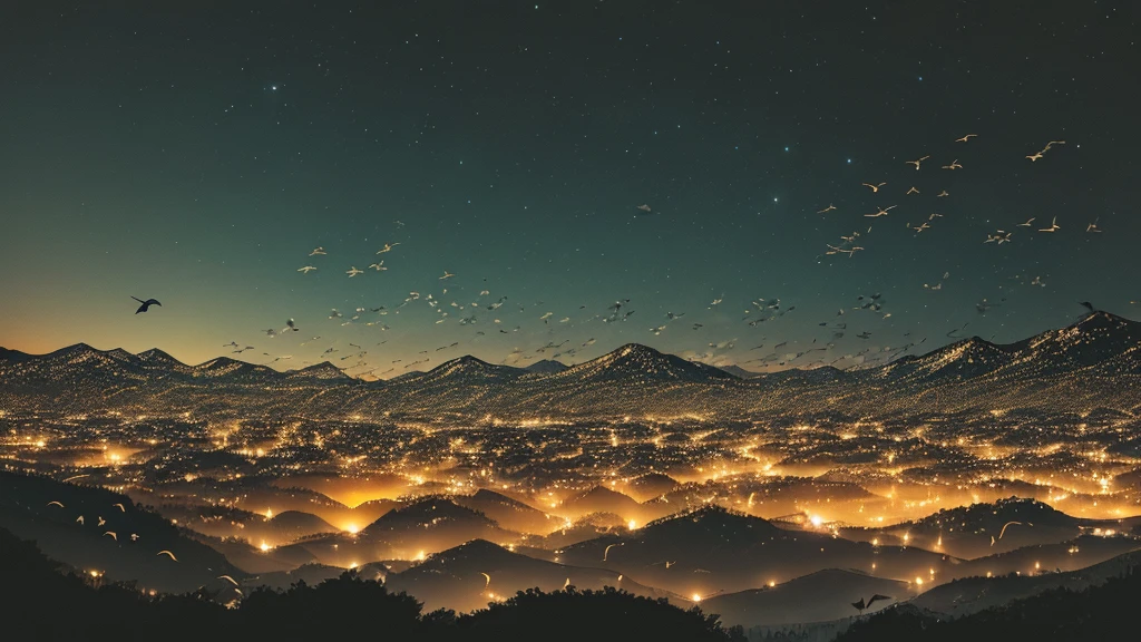 A dark night scene shows a cacophony of chirping birds at in the wilderness