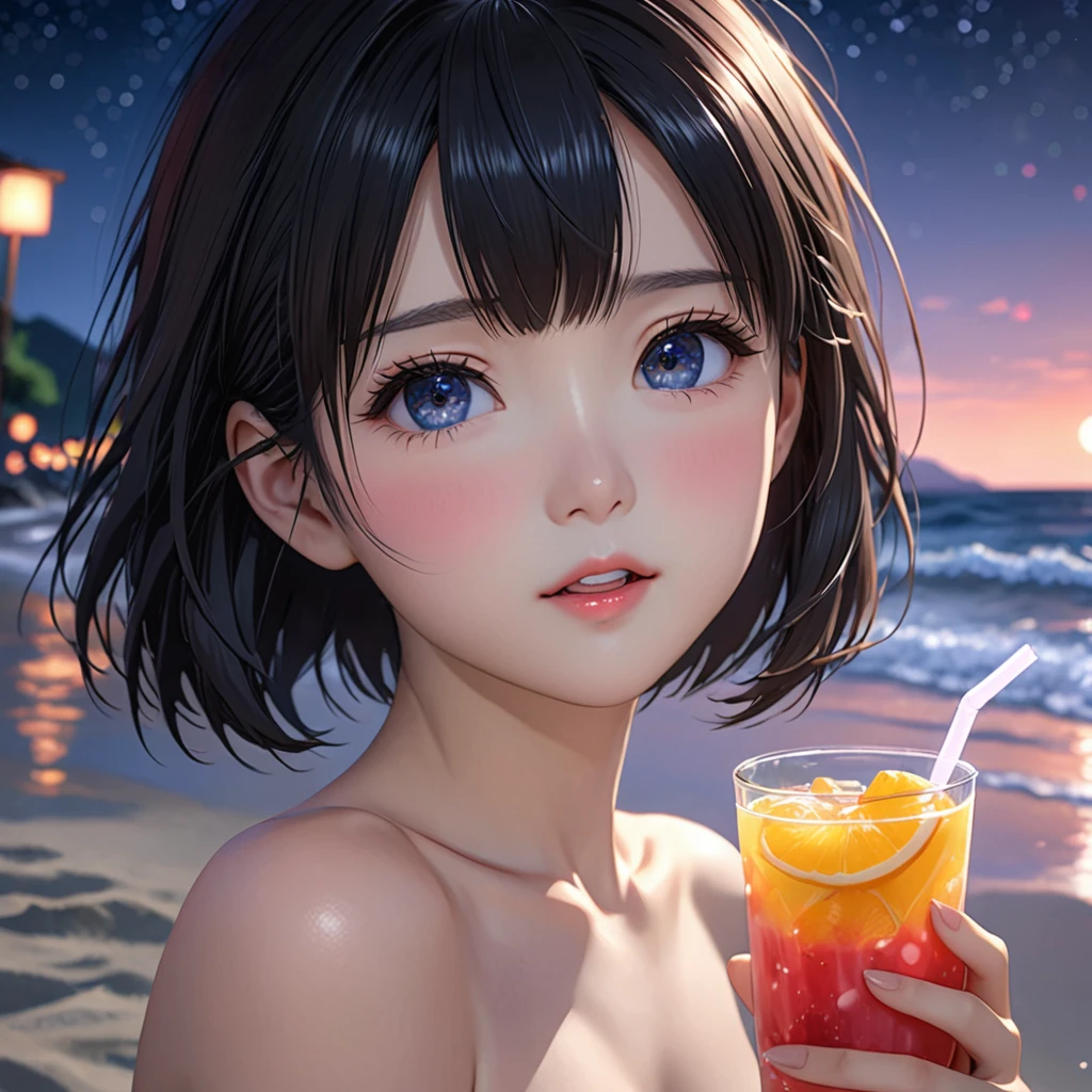 National Science Foundation,masterpiece,High resolution,8K,Art,digit,Three-dimensional,Realism,Kyoto Animation Style,your name movie style,cute,,looking into camera,midnight,On the scenic beach,(1 girl: 1.3),(alone: 1.4),Upper body nudity,Holding an iced fruit drink,Black hair,Long eyelashes,Slender legs,Short Bob,Close-up of upper body,Close-up,(Close up),Eyes as deep as the starry sky,shy,blush,open mouth