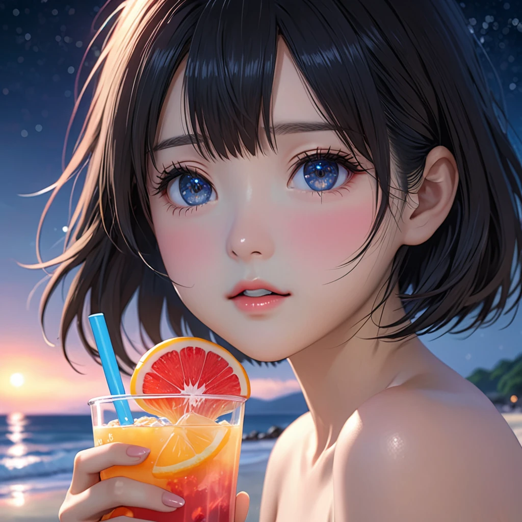 National Science Foundation,masterpiece,High resolution,8K,Art,digit,Three-dimensional,Realism,Kyoto Animation Style,your name movie style,cute,baby face,looking into camera,midnight,On the scenic beach,(1 girl: 1.3),(alone: 1.4),Upper body nudity,Holding an iced fruit drink,Black hair,Long eyelashes,Slender legs,Short Bob,Close-up of upper body,Close-up,(Close up),Eyes as deep as the starry sky,shy,blush,open mouth