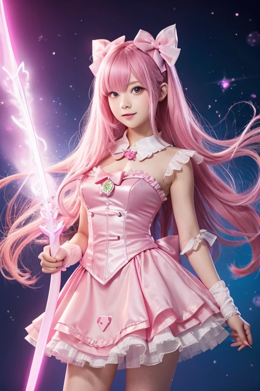 Girl with pink hair, 15-year-old girl, ゴージャスなMagical girlの衣装, Pink Eyes, Well-formed face, Pink dress with ribbons and frills, I have a magic wand in my hand, The tip of the wand is a glowing pink heart., Designed to look like a bow and arrow, Magical girl