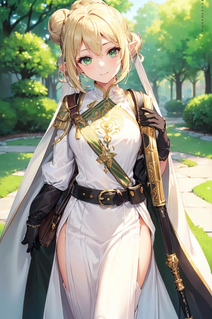 (((masterpiece; best quality: 1.2))), (finely detailed eyes: 1.3), (25 year old elf woman), (solo), (green eyes: 1.4), (body; lithe, fit, femenine: 1.3), (silky blonde hair + messy bun: 1.3), (beautiful and clear background: 1.2), ((depth of field)), (equipment: adventurer attire + modest + long white tunic-coat + black longskirt + gloves + belt + pouches: 1.3), (anime illustration: 1.2), (background composition; royal garden: 1.1), (extremely fine and beautiful: 1.1), (shot composition; standing + centered on torso + close-up: 1.5), (expression; calm, smile: 1.2)