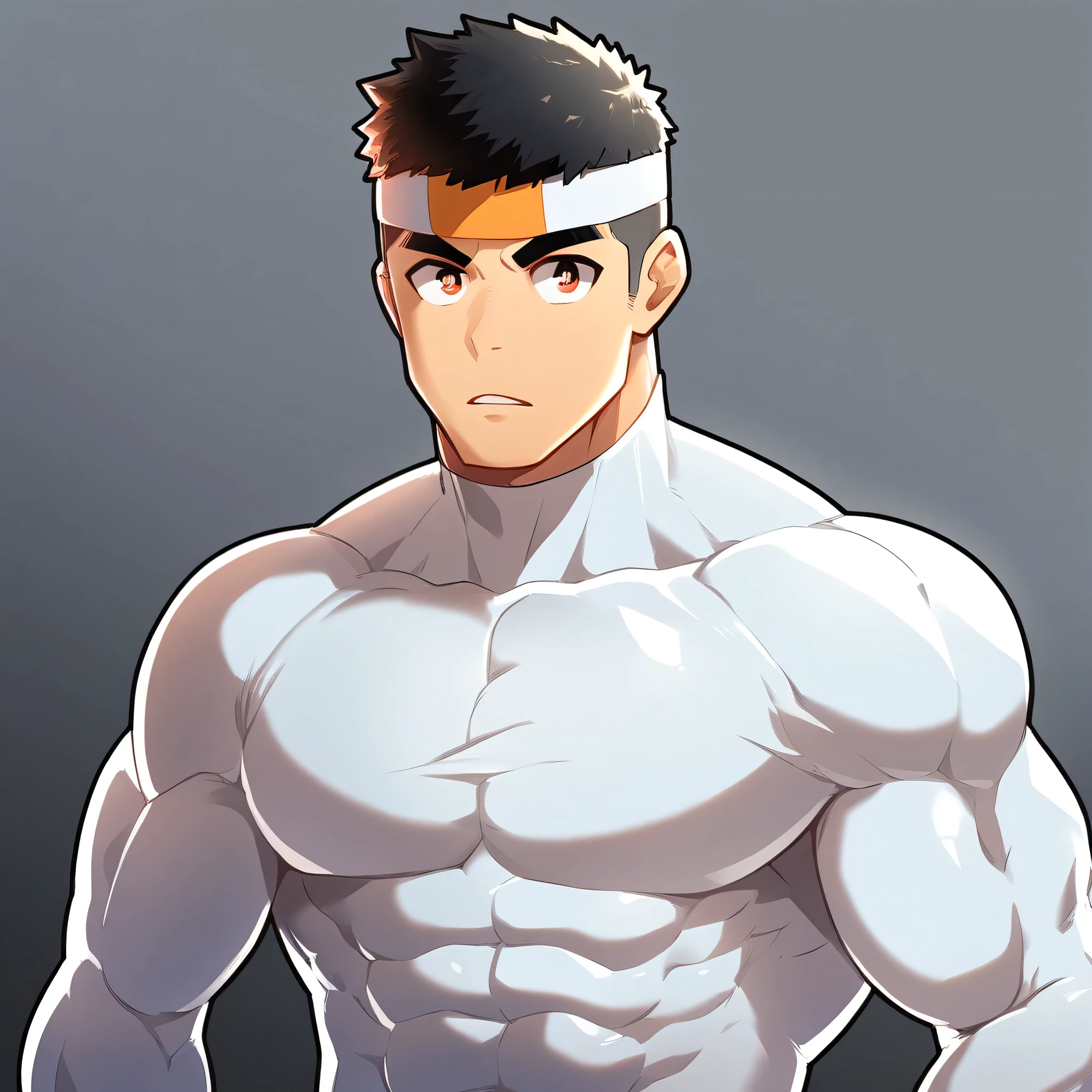 anime characters：Gyee, Muscle Sports Student, Manliness, sports headband, male focus, Cute boy with big eyes, Mike WHite high collar long sleeve tight T-shirt, Slightly transparent material, Very tight, Round, full and perky chest muscles, Slightly transparent, muscular male, muscular, only, Upper body, alone, Black short hair, Thick eyebrows, stubble, Cute little eyes, Brown-red pupils, Grey background, simple background, amazing quality, best aesthetics, Ridiculous, crew cut, parted lips, v-shaped eyebrows, jitome, drop shadow, best quality