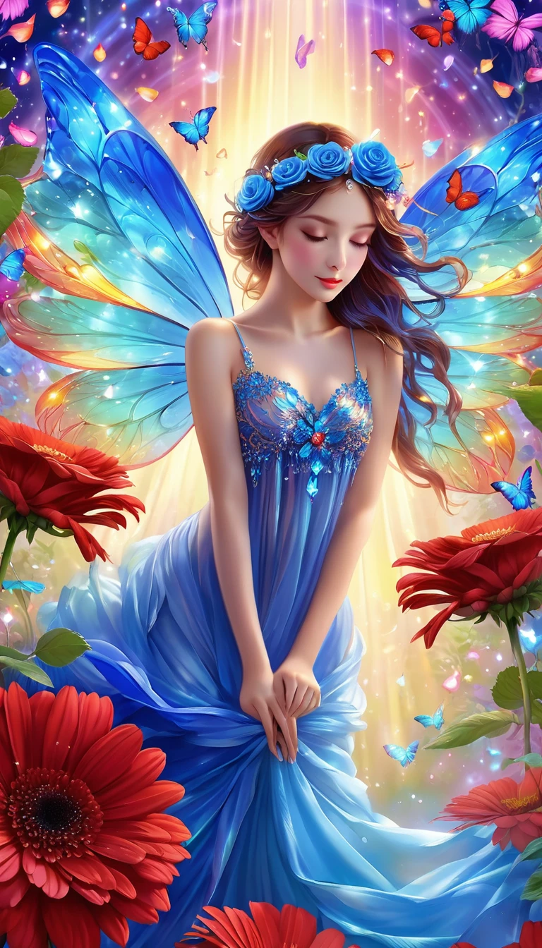 Made by AIS-RCN, 8K Photo, "words, Blue roses and red gerberas, Get out of the jewel, Transform your thoughts into delicate works of art.", Supple, Black light、A cute fairy with rainbow wings is flying