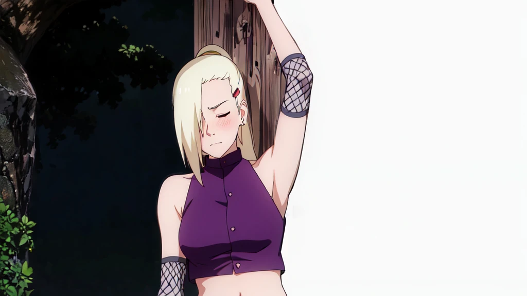 1girl, solo, closed eyes, ponytail, hair over one eye, hairclip, earrings, long hair, blonde hair, sleeveless shirt, bare shoulders, ninja, upper body, midriff, navel, fishnets, arms up, armpits, showing armpits, masterpiece, by masashi kishimoto, purple crop top, slight blush