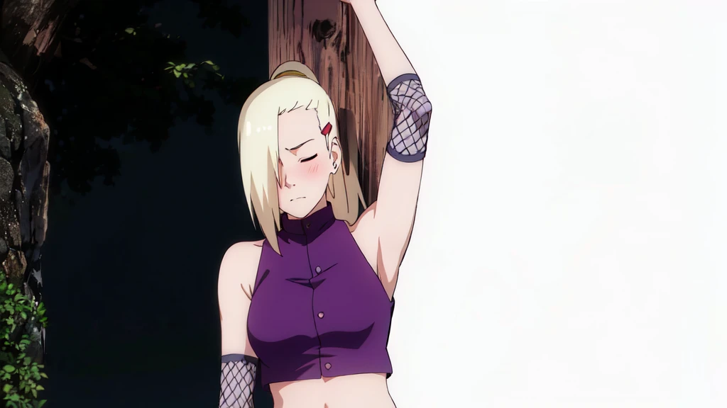 1girl, solo, closed eyes, ponytail, hair over one eye, hairclip, earrings, long hair, blonde hair, sleeveless shirt, bare shoulders, ninja, upper body, midriff, navel, fishnets, arms up, armpits, showing armpits, masterpiece, by masashi kishimoto, purple crop top, slight blush