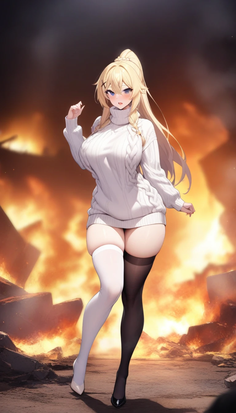 masterpiece, best quality, very aesthetic, absurdres, 1girl, mature_lady, masterpiece, best quality, very aesthetic, absurdres, 1girl, standing, full body, thighhighs,one thighhigh is white, another thighhigh is black, white stocking, black stocking white_sweater, virgin-killing_sweater,,darkness_(konosuba), kono_subarashii_sekai_ni_shukufuku_wo!, 1girl, long_hair, ponytail, blonde_hair, x_hair_ornament, braid, blue_eyes,,in hell,blur background,background defocus
