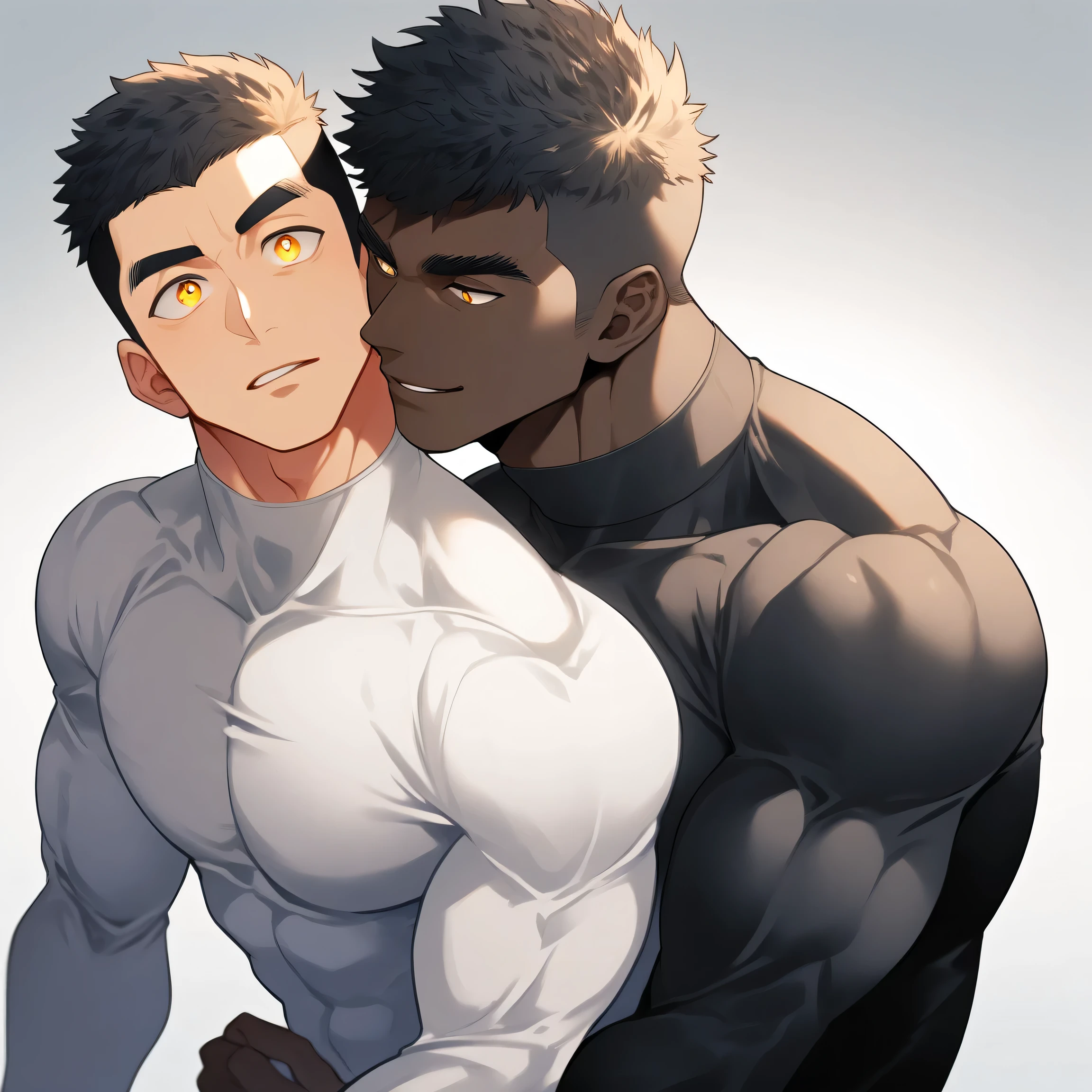 anime characters：Two superheroes in tights, Muscle superhero, negro black skin, They hugged and kissed each other, Bite your neck, Caress, Manliness, male focus, Yellow and black high collar long sleeve tight T-shirt, Slightly transparent material, Very tight, Round, full and perky chest muscles, Muscle waist, Slightly transparent, muscular male, muscular, only, Upper body, alone, Black short hair, Thick eyebrows, stubble, Yellow eyes, Grey background, simple background, amazing quality, best aesthetics, Ridiculous, bright pupils, crew cut, parted lips, seductive smile, torogao, naughty face, drop shadow, best quality