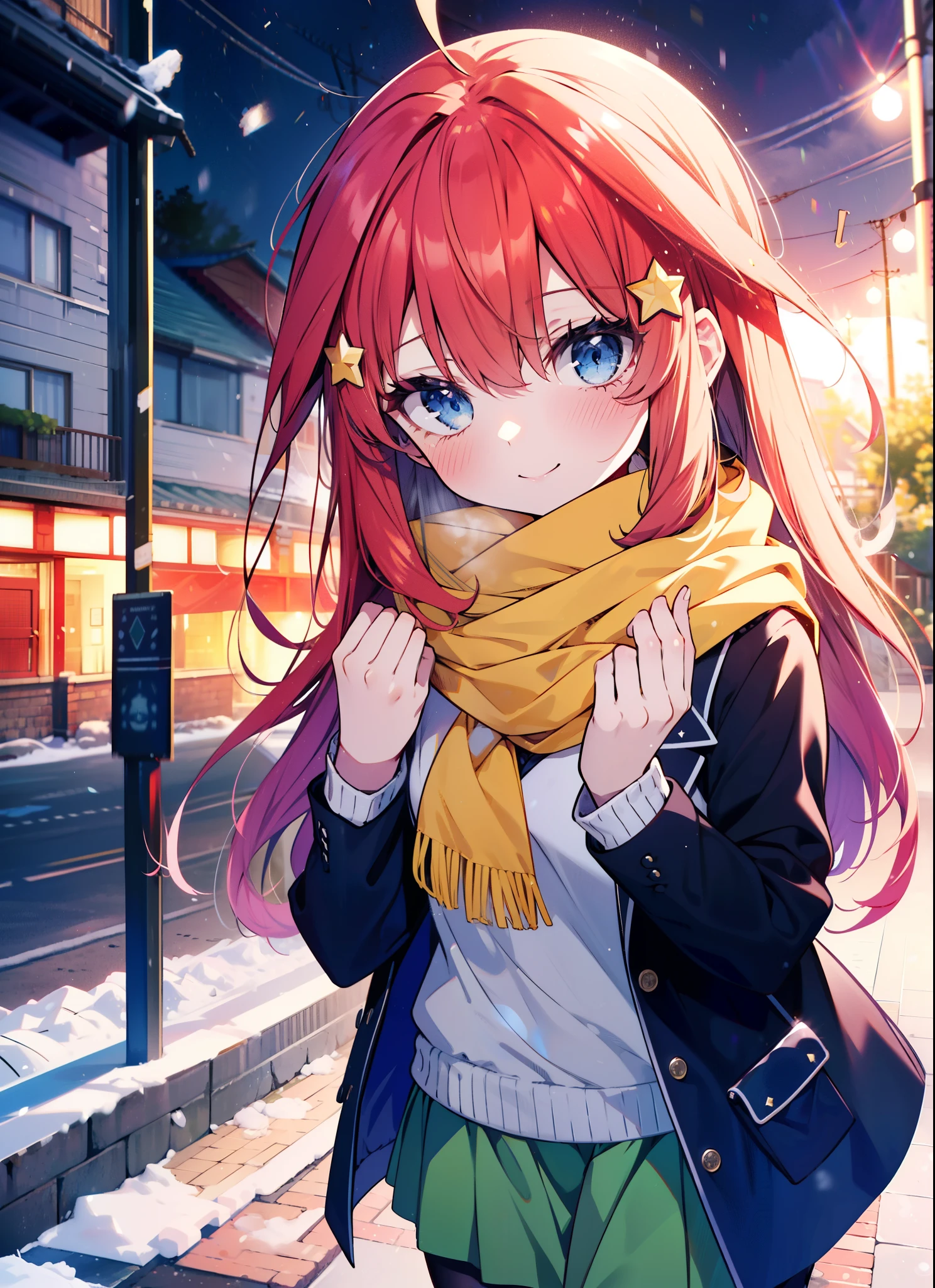 itsukinakano, itsuki nakano, bangs, blue eyes, Hair between the eyes, Ahoge, Redhead, star \(symbol\), hair ornaments, star hair ornaments,smile,Yellow scarf,red coat,White Tokkuri Sweater,Black long skirt,Black pantyhose,short boots,blush,White Breath,Close your mouth,It's snowing,It's snowing,Shirogane World,Walking,whole bodyがイラストに入るように,
break outdoors, Snow Country,Residential Street,
break looking at viewer, whole body,(Cowboy Shot:1. 5),
break (masterpiece:1.2), Highest quality, High resolution, unity 8k wallpaper, (figure:0.8), (Beautiful attention to detail:1.6), Highly detailed face, Perfect lighting, Highly detailed CG, (Perfect hands, Perfect Anatomy),