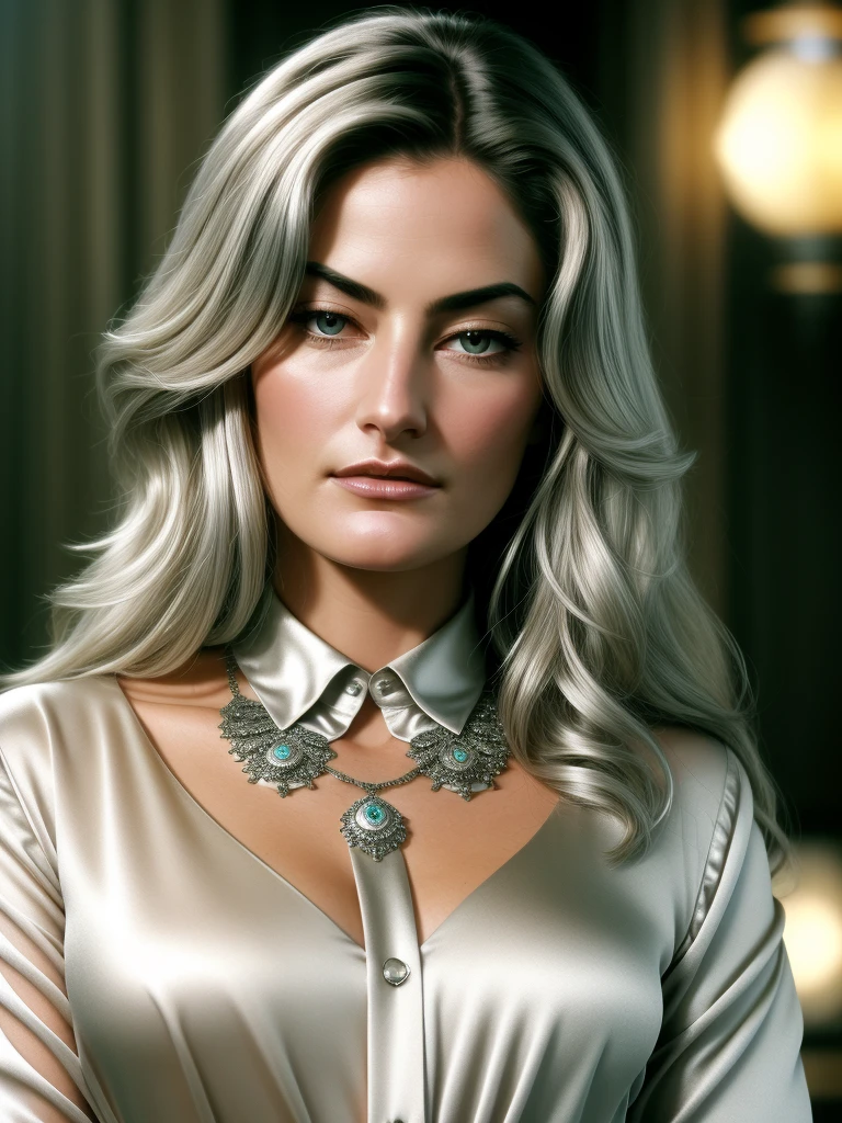 beautiful woman (MadchenAmick), perfect dark hair, bejewelled jewellery, ((portrait)), (closeup:1.2), ((Head Shot)), ((( shop :1.2 ))), natural skin texture, ((silver satin shirt :1.2)), 24mm, 4k textures, soft cinematic light, adobe lightroom, photolab, hdr, intricate, elegant, highly detailed, sharp focus, ((((cinematic look)))), soothing tones, insane details, intricate details, hyperdetailed, low contrast, soft cinematic light, exposure blend, hdr, faded, now, ("I've got a bad feeling about this.":1.1)