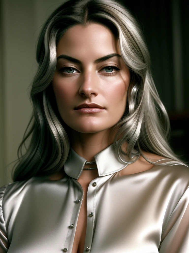 beautiful woman (MadchenAmick), perfect dark hair, bejewelled jewellery, ((portrait)), (closeup:1.2), ((Head Shot)), (((  shop :1.2 ))), natural skin texture, ((silver satin shirt :1.2)), 24mm, 4k textures, soft cinematic light, adobe lightroom, photolab, hdr, intricate, elegant, highly detailed, sharp focus, ((((cinematic look)))), soothing tones, insane details, intricate details, hyperdetailed, low contrast, soft cinematic light, exposure blend, hdr, faded, now, ("I've got a bad feeling about this.":1.1)
