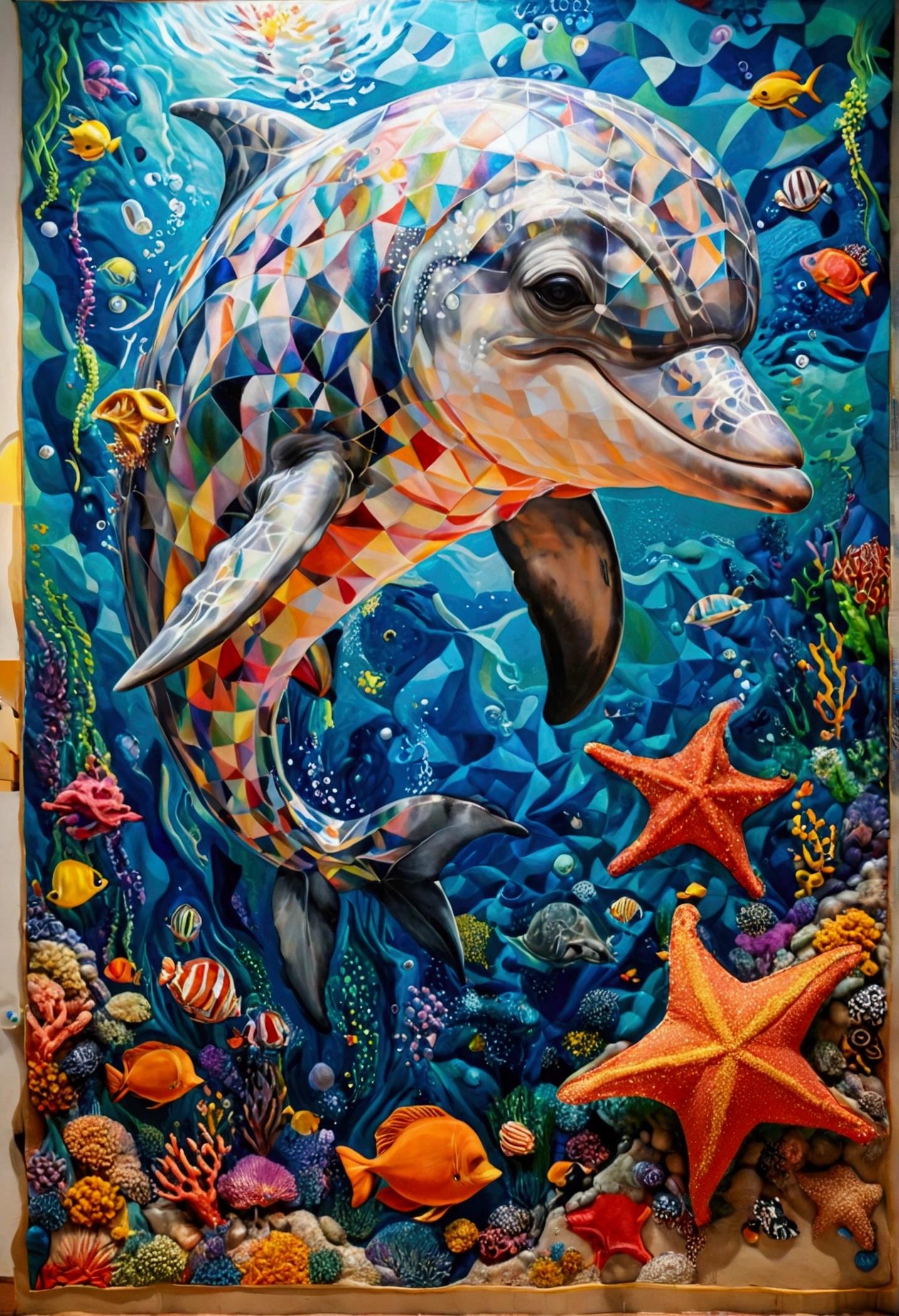 ( a DOLPHIN,A STINGRAY AND SEA STARS  ),(best pose),(best angle), (best expression), Eduardo Kobra quilting ,multidimensional geometric wall PORTRAIT, until, chibi,at 8 am, appealing, Coloring, LARGE OIL SCREEN 532k