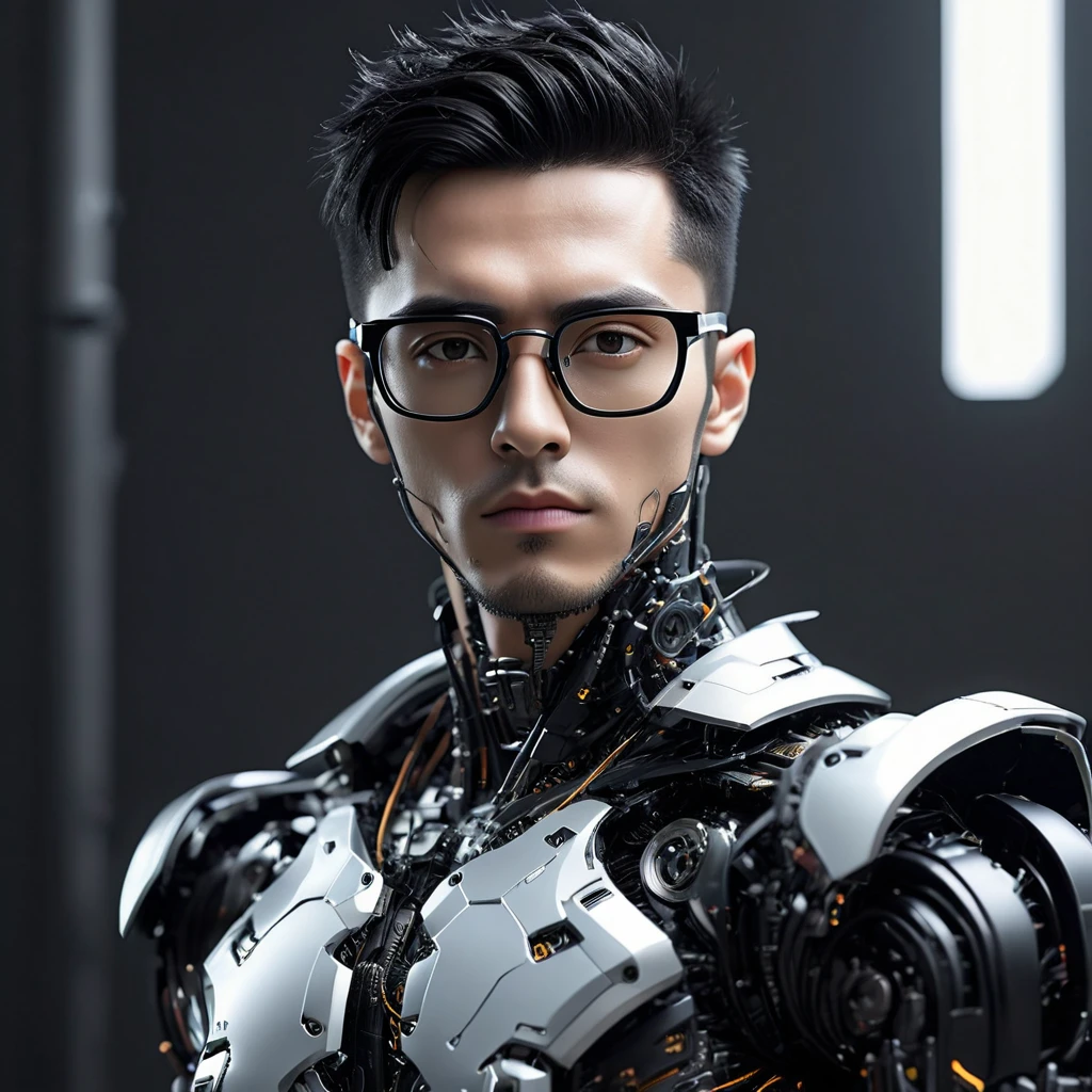 Male robot body hair with black-rimmed glasses with undercut hair, Look to the camera ::futuristic cyberpunk style ,realistic styling ::n_digital painting style, robotic parts, face perfect::seed 1、Black Edged Hair、large nose、Black-based clothing, photo by full body, White background