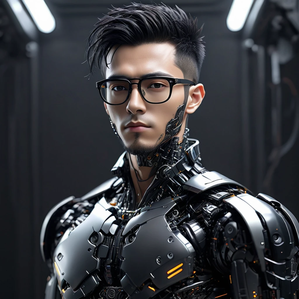 Male robot body hair with black-rimmed glasses with undercut hair, Look to the camera ::futuristic cyberpunk style ,realistic styling ::n_digital painting style, robotic parts, face perfect::seed 1、Black Edged Hair、large nose、Black-based clothing, photo by full body, White background